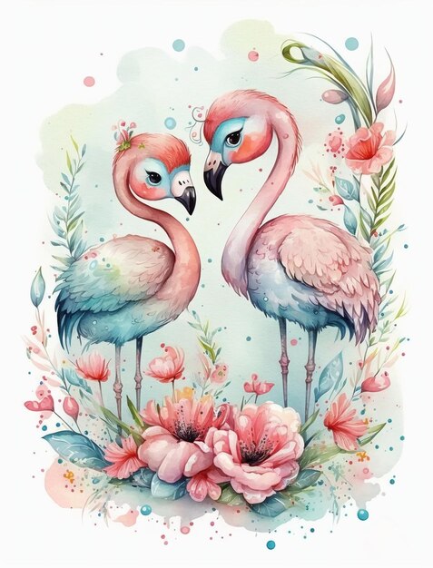 A watercolor painting of two flamingos with flowers and the words flamingo on the bottom.