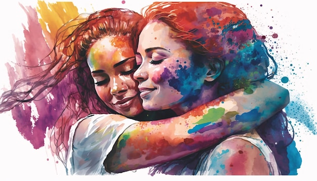 A watercolor painting of two girls hugging