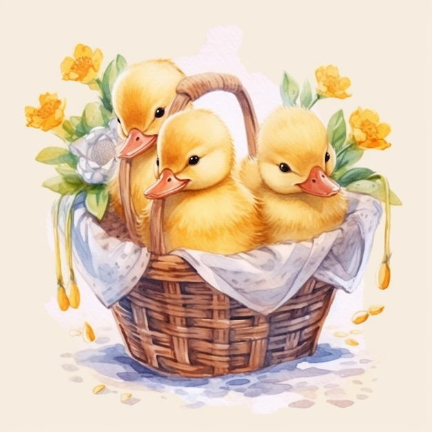 A watercolor painting of two little ducks in a basket