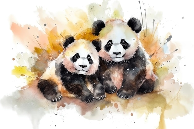 Watercolor painting of two lovely panda bear in a bamboo forest