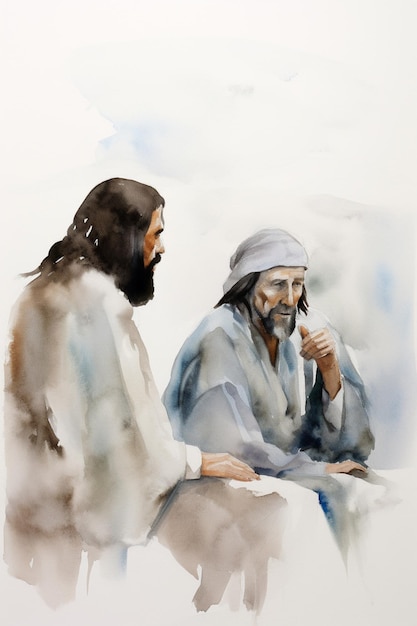 A watercolor painting of two men talking.