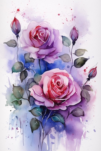 A watercolor painting of two roses with leaves and the word roses on it.