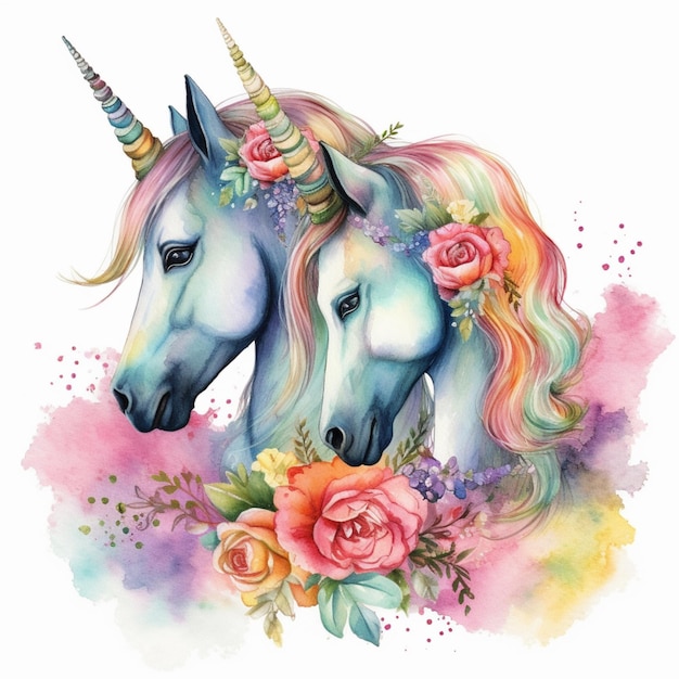 A watercolor painting of two unicorns with flowers on the front.