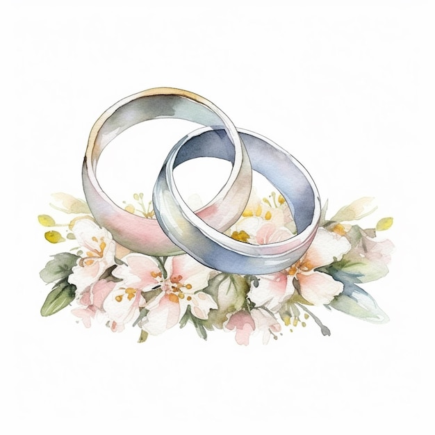 A watercolor painting of two wedding rings on a flower arrangement.