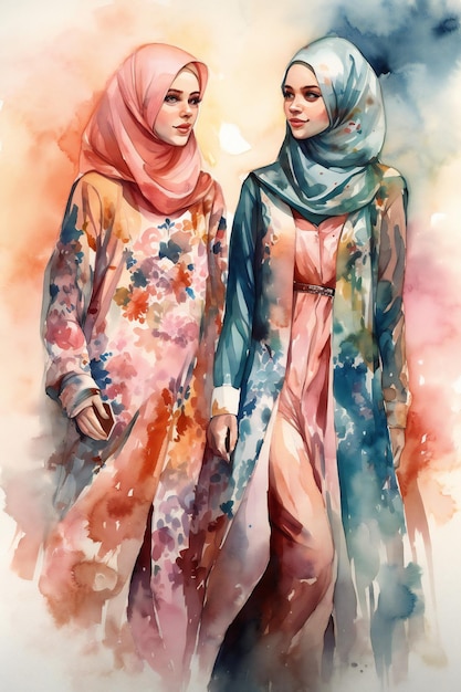 A watercolor painting of two women, one of which is titled'muslim '.