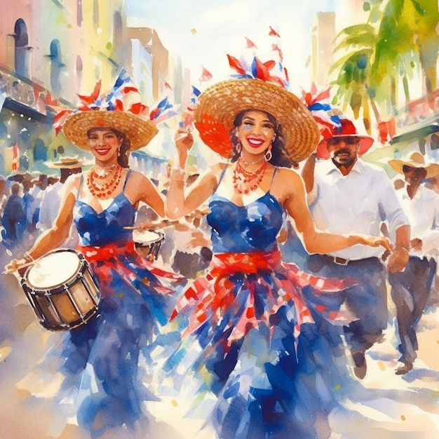 A watercolor painting of two women in a parade