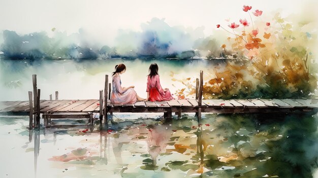 A watercolor painting of two women sitting on a dock and looking at the water.