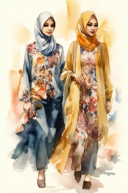 A watercolor painting of two women walking together.