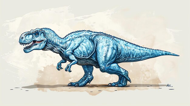 A watercolor painting of a Tyrannosaurus Rex The dinosaur is blue and has a large toothy grin