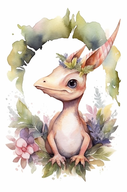 A watercolor painting of a unicorn with a wreath of flowers.