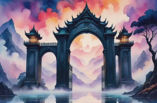 На акварельной картине изображена мистическая сцена, в которой среди вихревого тумана появляются массивные ворота.