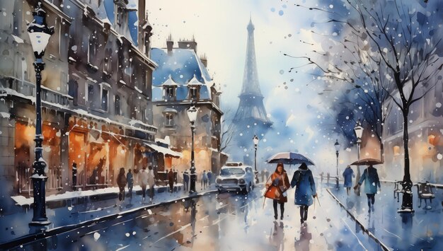 Watercolor painting of an urban French street with silhouettes of people