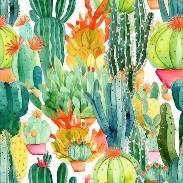 a watercolor painting of a variety of cactus plants generative ai