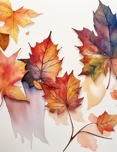 Watercolor painting of various dry leaves