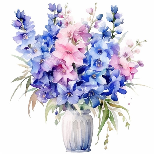 A watercolor painting of a vase of blue and pink flowers.