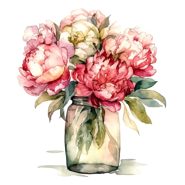 A watercolor painting of a vase of peonies