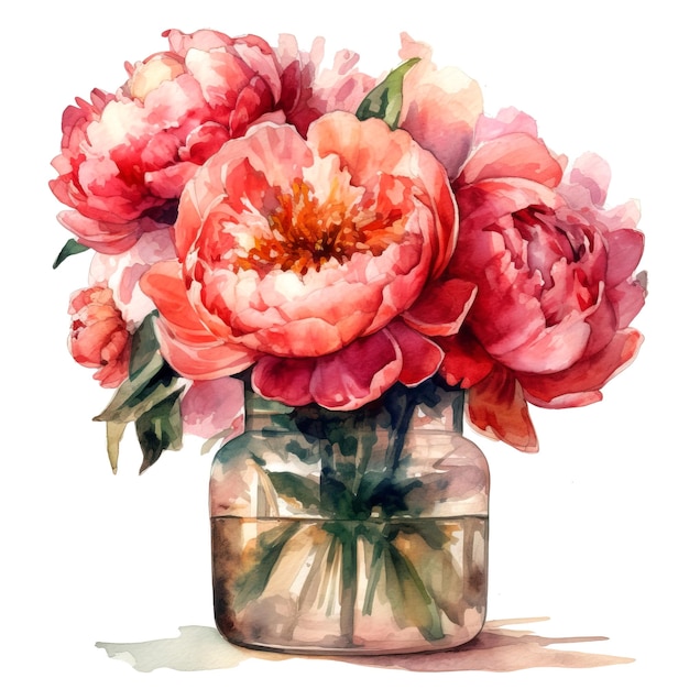 A watercolor painting of a vase of peonies