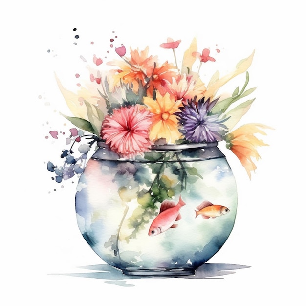 花と魚が描かれた花瓶の水彩画