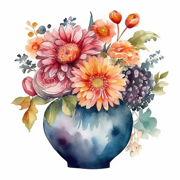 Watercolor painting of a vase with flowers and leaves