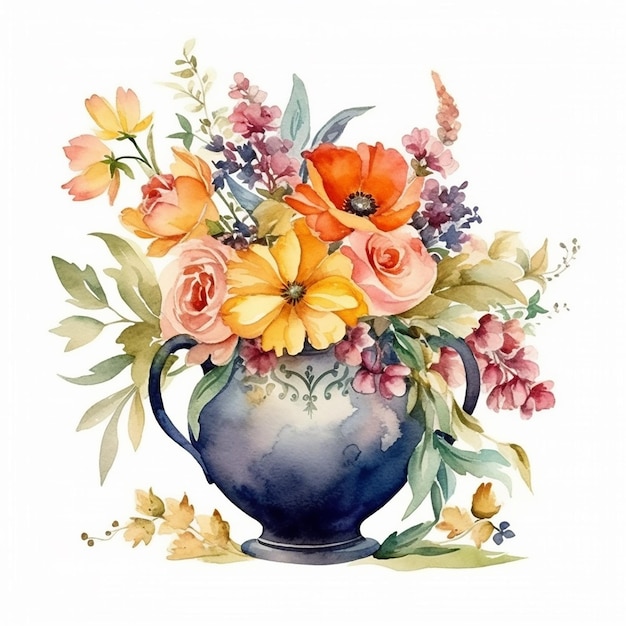 Watercolor painting of a vase with flowers and leaves