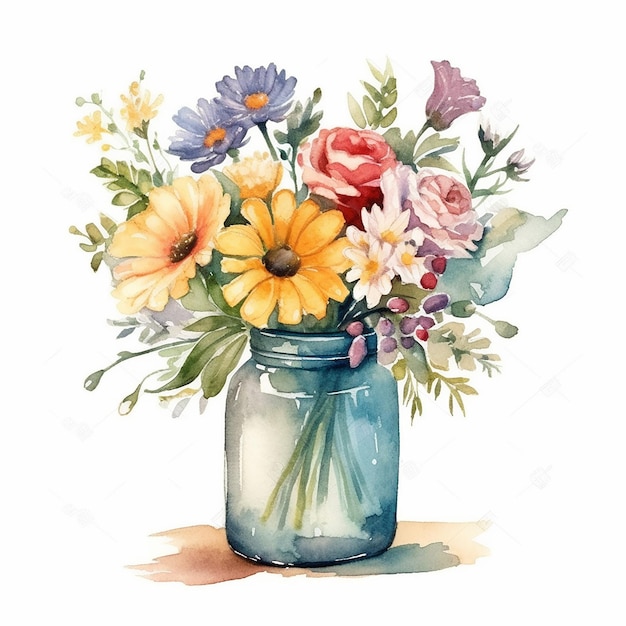 Watercolor painting of a vase with flowers and leaves