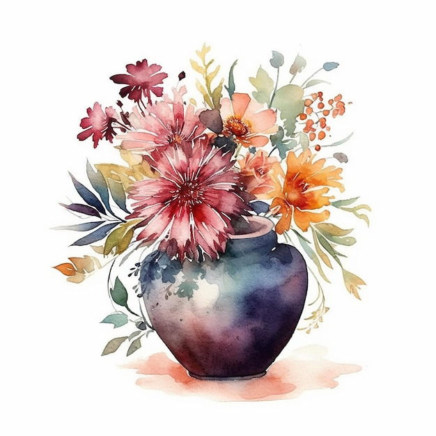 Watercolor painting of a vase with flowers and leaves