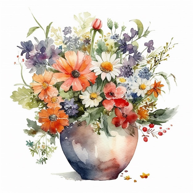 Watercolor painting of a vase with flowers and leaves