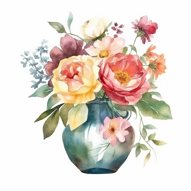Watercolor painting of a vase with flowers and leaves