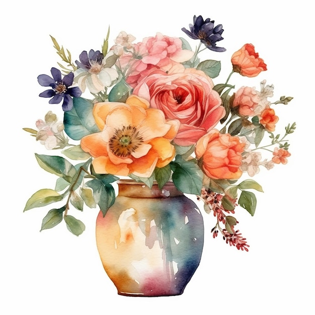 Watercolor painting of a vase with flowers and leaves