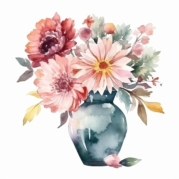 Watercolor painting of a vase with flowers and leaves