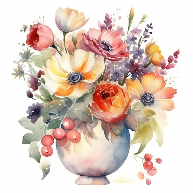 Watercolor painting of a vase with flowers and leaves