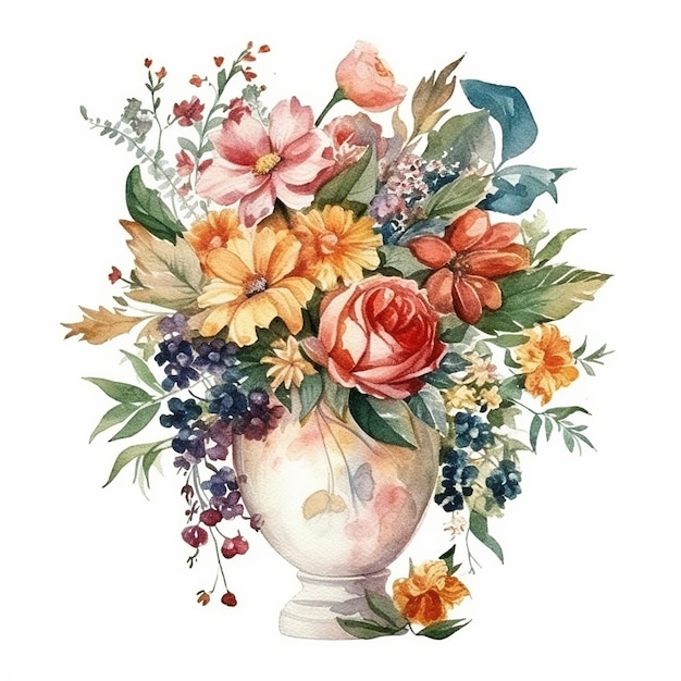 Watercolor painting of a vase with flowers and leaves