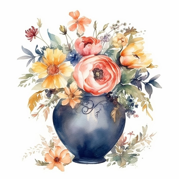 Watercolor painting of a vase with flowers and leaves