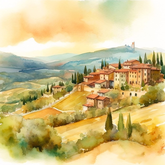 Photo watercolor painting of a village in tuscany