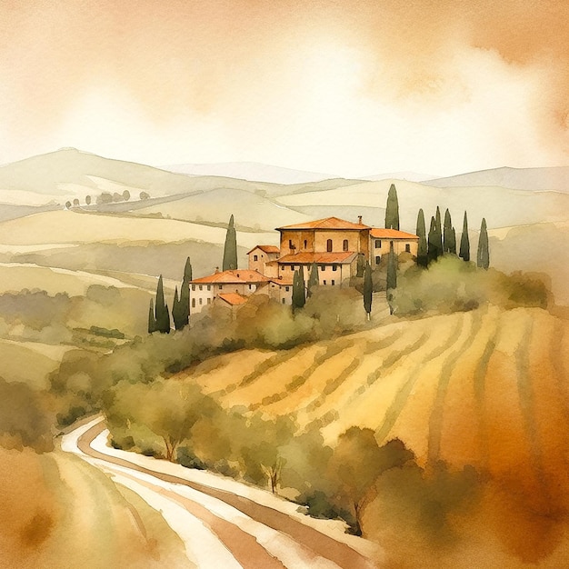 Watercolor painting of a village in tuscany