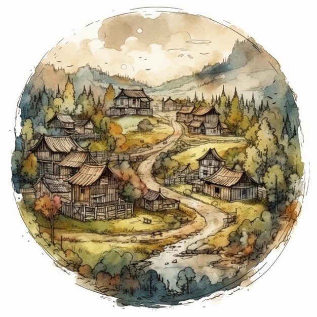 Watercolor painting of a village