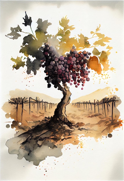 watercolor painting of a vineyard and a grape plant