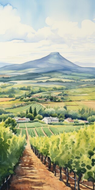 Photo watercolor painting of vineyard and winery in france