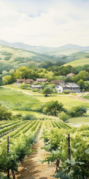 Watercolor Painting Of Vineyard With Charming Winery And Rolling Hills