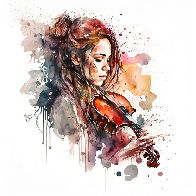 A watercolor painting of a violin with a woman playing it.