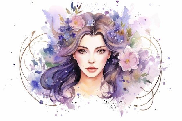 Watercolor Painting of Virgo Zodiac Sign in Botanical Style on Pure White Background AI Generated