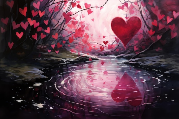 Watercolor painting of water with a red heart surrounded by leaves