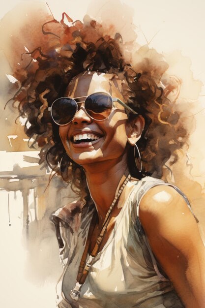 Watercolor painting of a watercolor painting of a woman with sunglasses