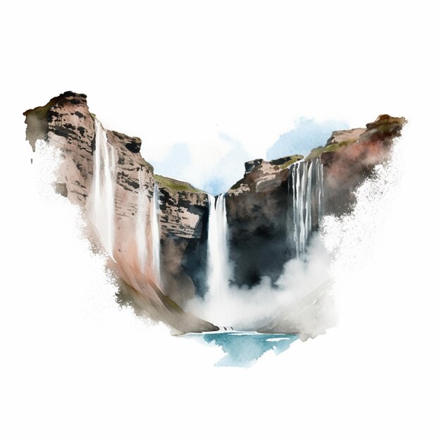 A watercolor painting of a waterfall with the word waterfall on it.