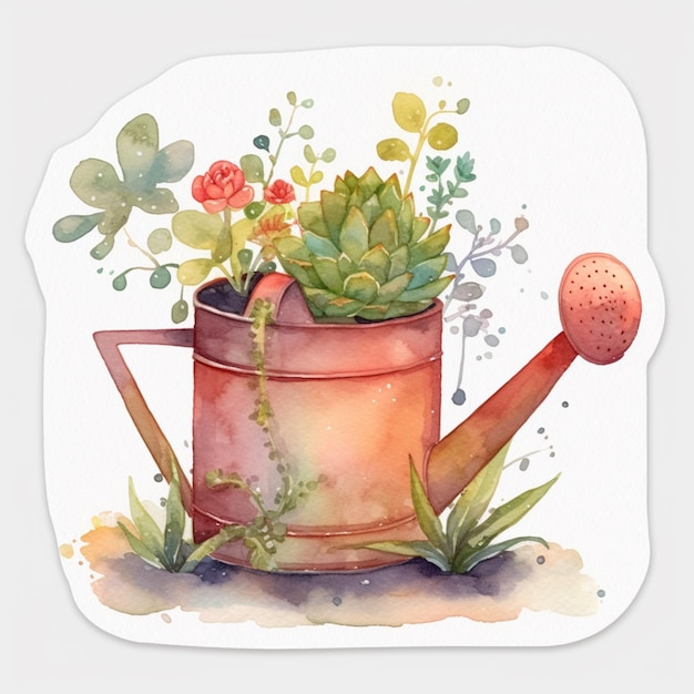 Photo a watercolor painting of a watering can with a flower and a flower in it.