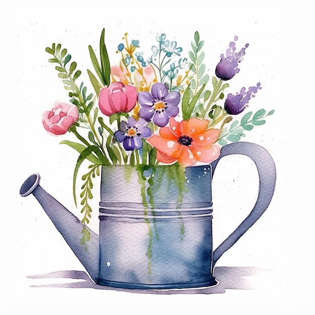 A watercolor painting of a watering can with flowers in it.