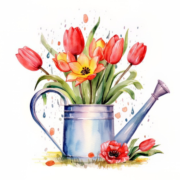 Watercolor painting of a watering can with tulips and a red flower.