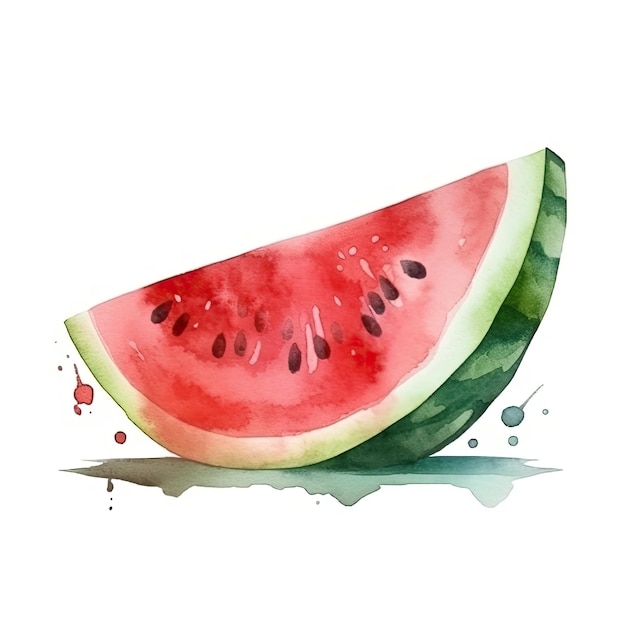 Watercolor painting of watermelon with green leaves