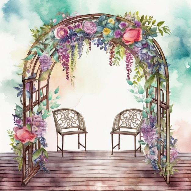 A watercolor painting of a wedding arch with flowers and a bench.