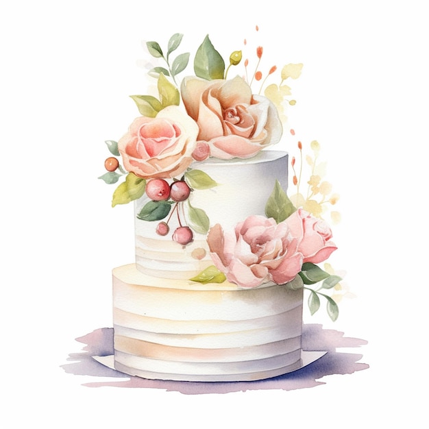 A watercolor painting of a wedding cake with roses on it.